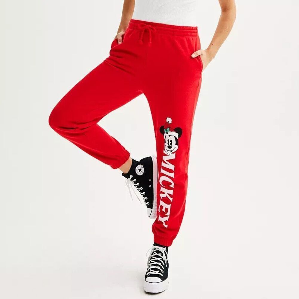Disney Mickey Mouse Christmas‎ Joggers Red Fleece Sweatpants Santa Hat Small NWT